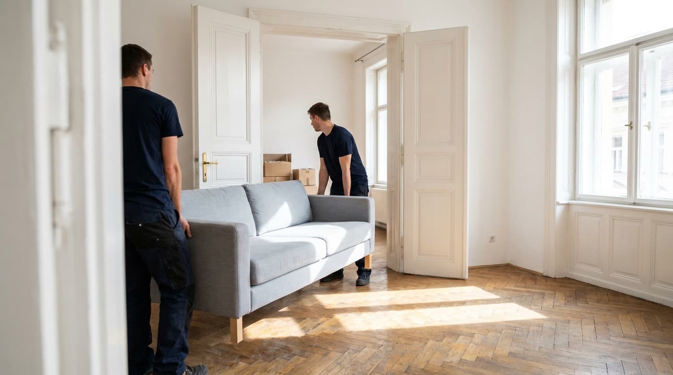 Dva stěhováci nesou sedačku do světlého bytu